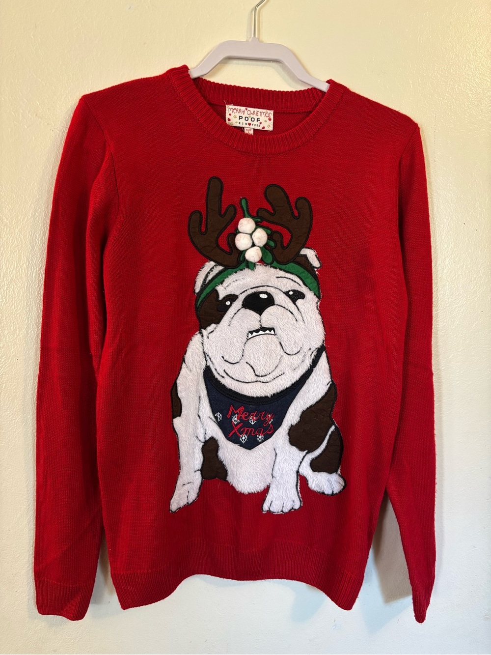 Poof! Red Crewneck Sweater with Festive Bulldog Appliqué